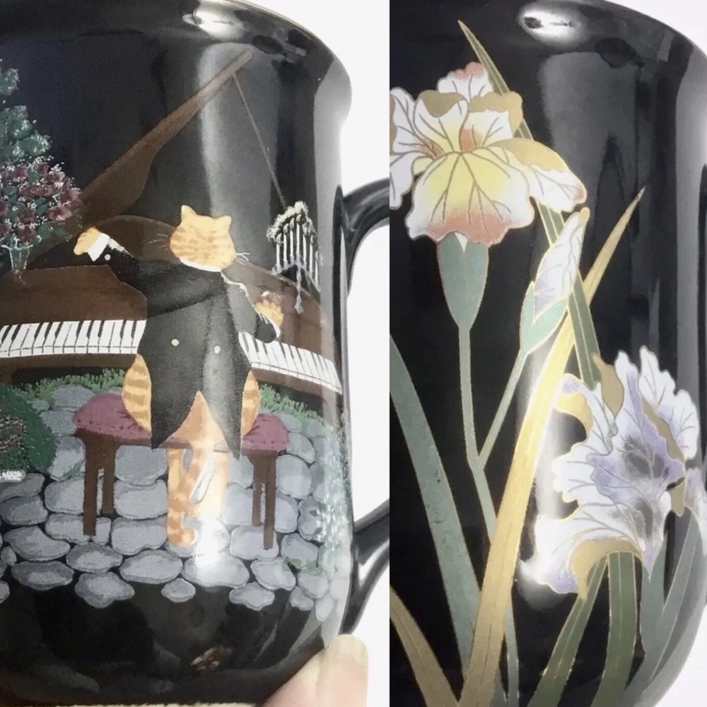 2 Otagiri Coffee Mugs Cat & Piano Iris Garden Hope Cartwright Lot Vintage